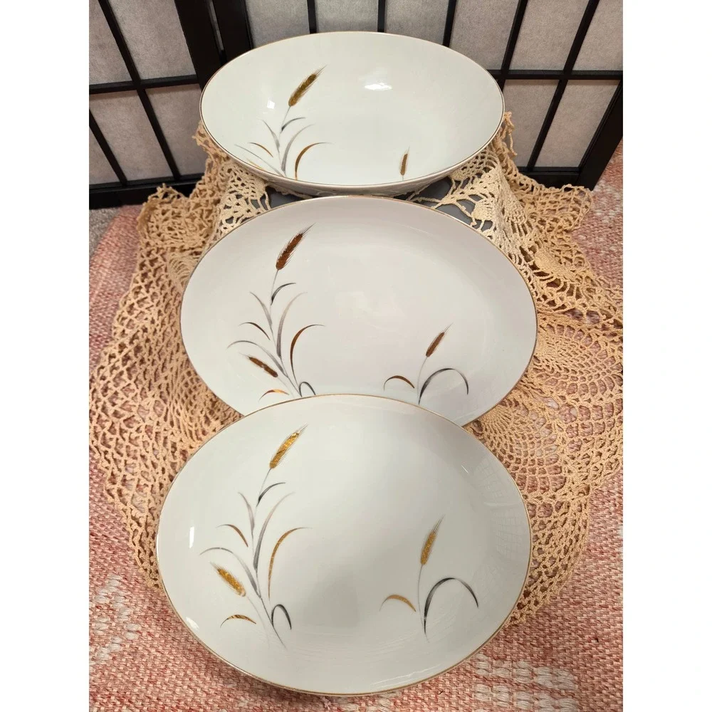 Vintage CTSI Eternal Harvest Japan Wheat Serving Set 2 Platters 1 Bowl Gold Trim